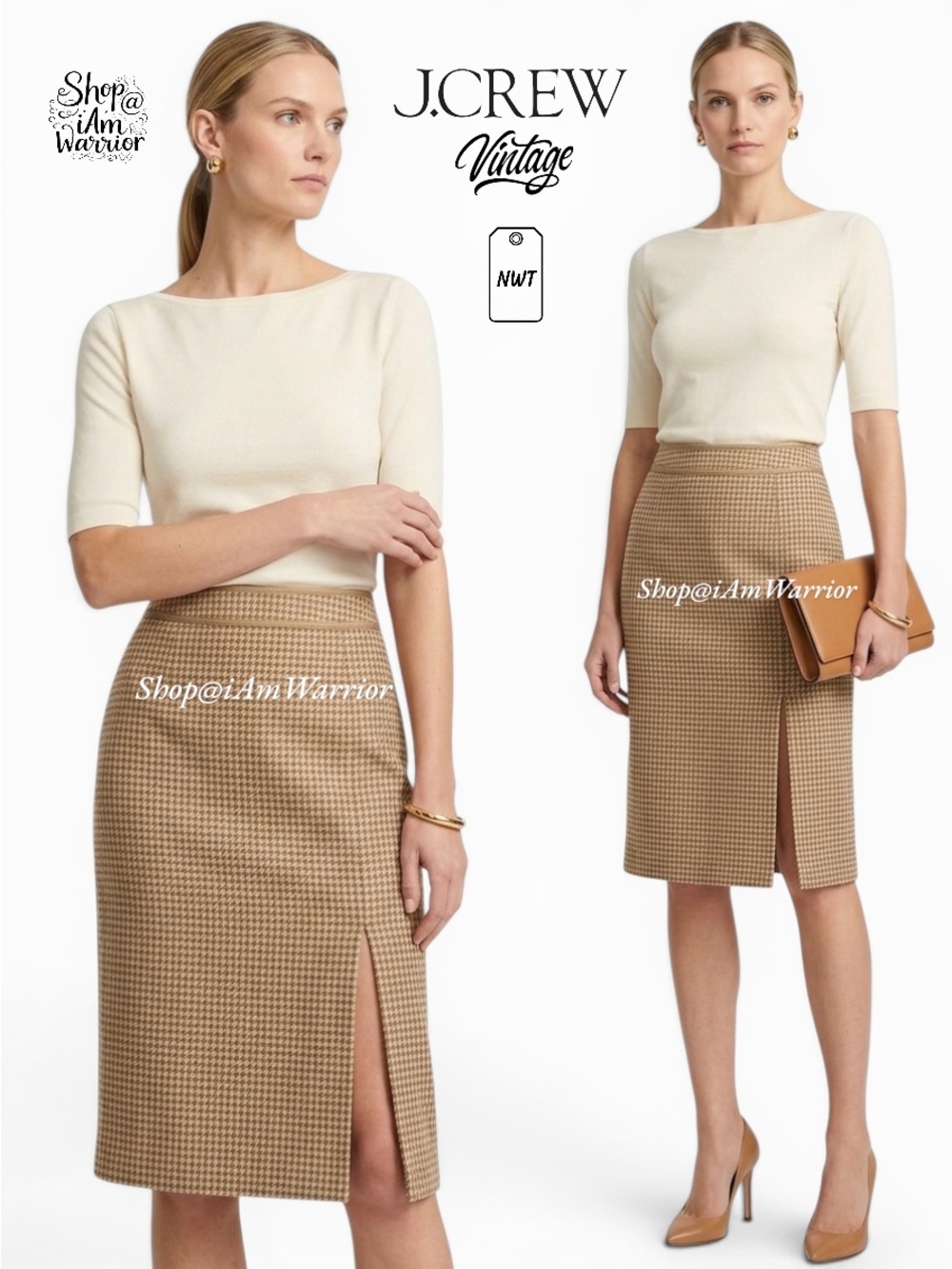 J.Crew NWT rare tan/ivory wool houndstooth pencil skirt *shop@iamwarrior
